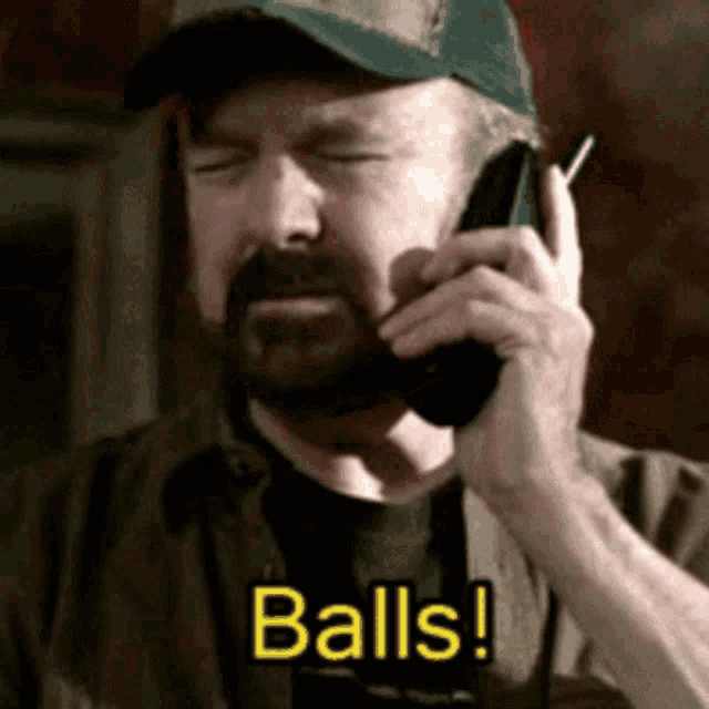 a man with a beard is talking on a cell phone and the word balls is on the screen behind him