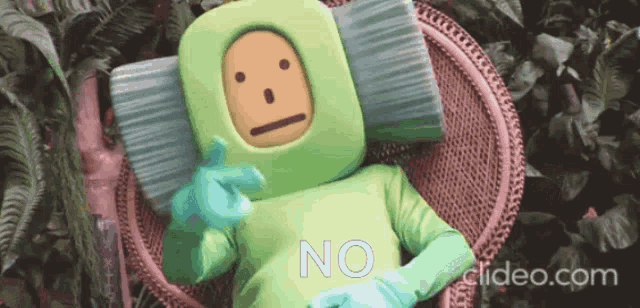 a cartoon character is laying in a chair with the word no on the bottom right