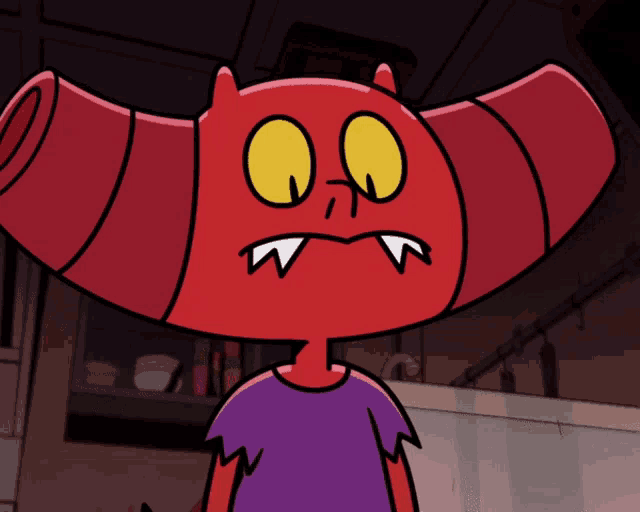 a cartoon character with a purple shirt and big horns