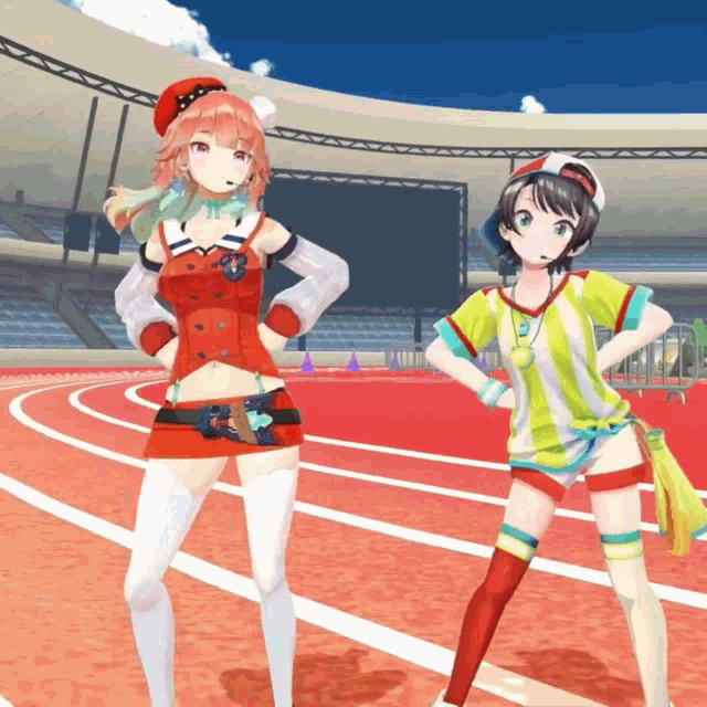 a couple of anime girls standing on a track with their hands on their hips
