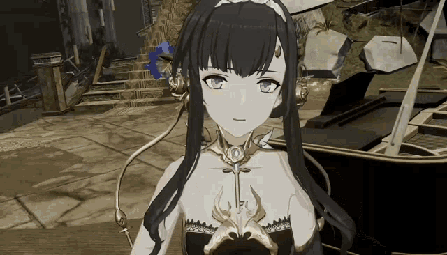 a girl with long black hair is wearing a necklace with a key on it