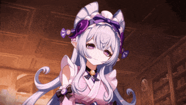 a girl with long purple hair and a bow on her head
