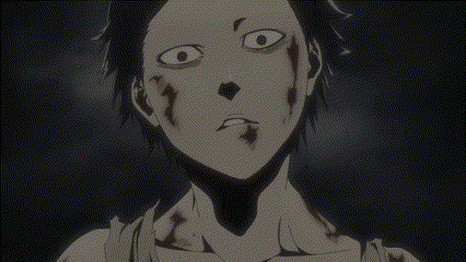 a black and white drawing of a person with blood on their face ..