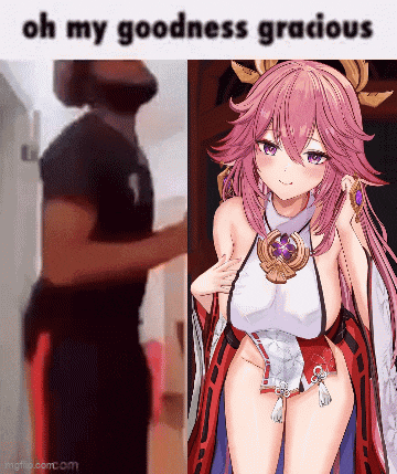 a man is standing next to a girl with pink hair and the words oh my goodness gracious