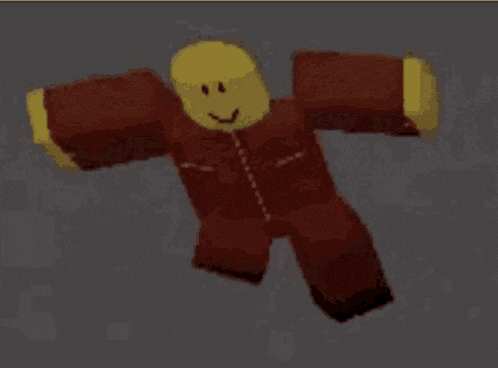 a roblox character is jumping in the air with his arms outstretched and a smile on his face .