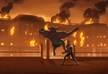 a cartoon of a man fighting a robot in front of a burning city