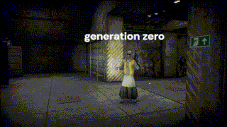 a man in a yellow vest is walking in a dark room with the words generation zero written above him