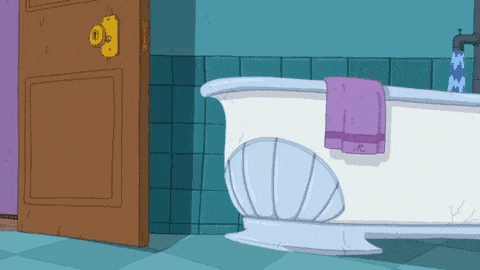 a cartoon of a bathroom with a bathtub and a towel hanging on the wall .