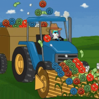 a cartoon of a dog driving a tractor with paw prints on the wheels