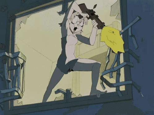 a cartoon drawing of a woman holding a gun in a window
