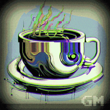 a colorful drawing of a cup of coffee with an eye in the middle