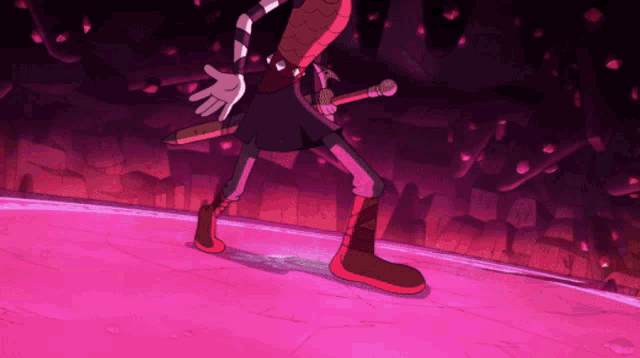 a cartoon character is walking on a pink surface with a sword