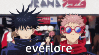 a couple of anime characters standing next to each other with the word everlore on the bottom right