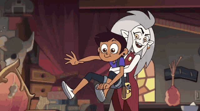 a cartoon character is holding another cartoon character on her shoulders .