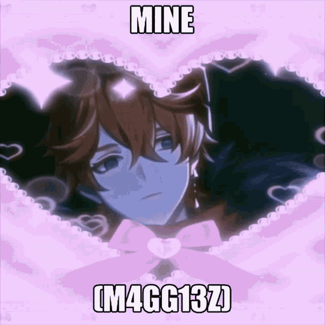 a picture of a boy in a pink heart with the words mine ( m4gg13z )