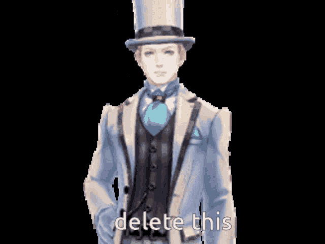 a pixel art of a man wearing a top hat with the words delete this written below him