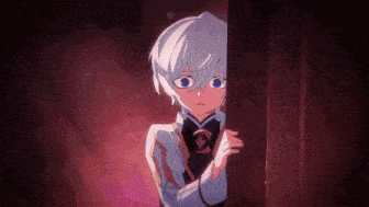a boy with white hair and blue eyes is peeking out from behind a wall .