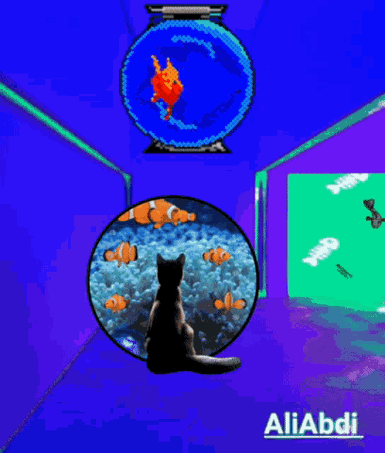 a cat looking at a fish bowl with the name aliabdi on the bottom right