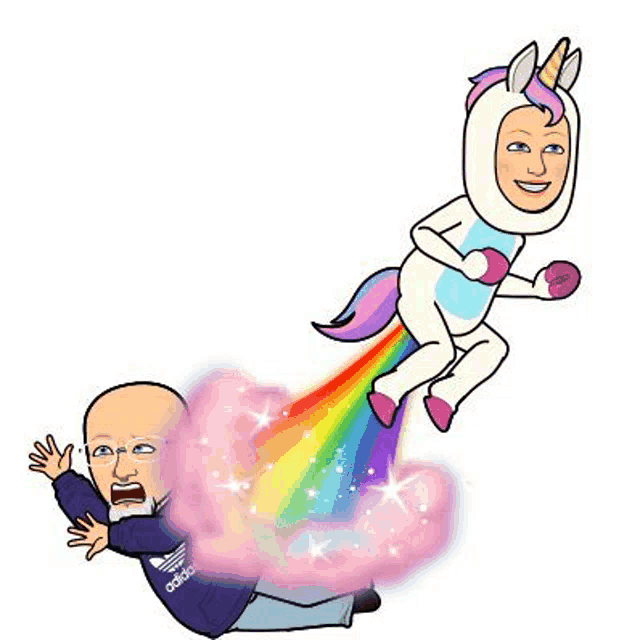 a man in a unicorn costume is being kicked by a unicorn .