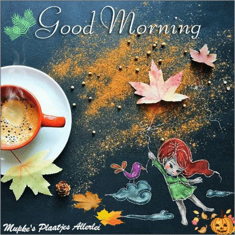a cup of coffee on a saucer with leaves and the words good morning