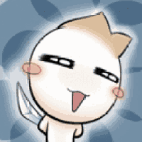 a cartoon character is holding a knife and smiling .