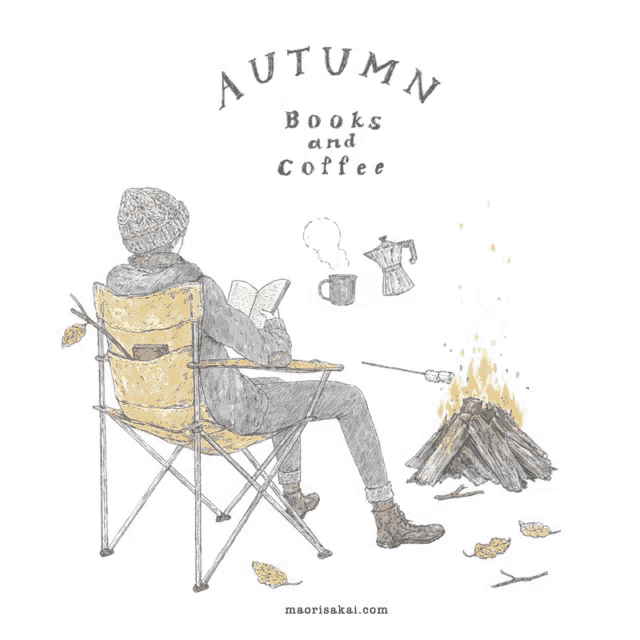 an illustration of a person sitting by a fire reading a book