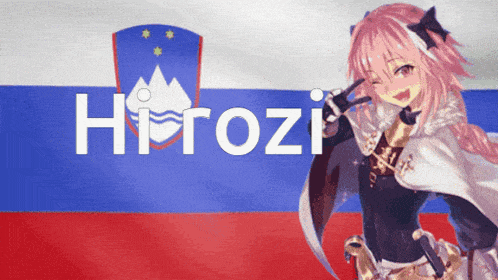 a girl with pink hair is standing in front of a flag with the word hirozi written on it