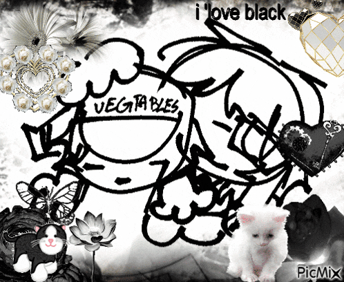 a black and white drawing of vegetables with the words i love black below it