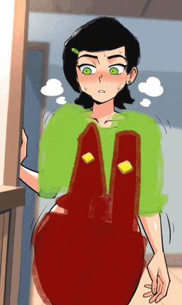 a drawing of a girl with green eyes and red overalls