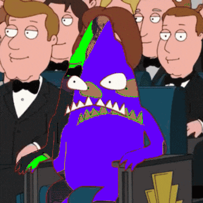 a cartoon of a purple monster sitting in a crowd