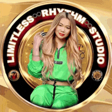 a woman in a green outfit sits in a circle with the words limitless rhythm studio