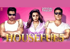 a poster of a movie called housefull 5 with a woman and two men standing next to each other on a pink background .