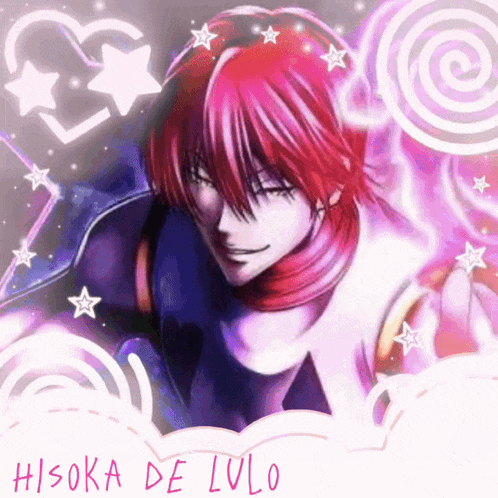 a drawing of hisoka de lulo with hearts and stars