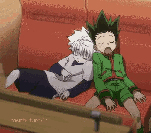 two anime characters , gon and killua , are sleeping on a red couch .