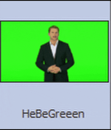 a man in a suit is standing in front of a green screen with the words hebegreen below him
