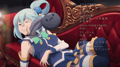 a girl with blue hair is laying on a red couch with the name studio paper cranes written on the bottom