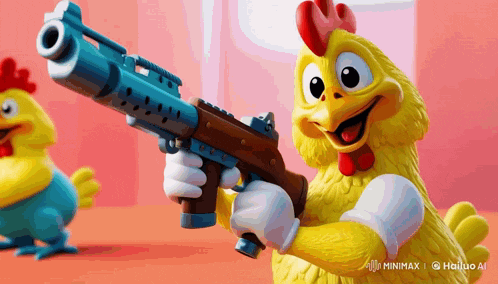 a cartoon chicken is holding a gun in front of a red background