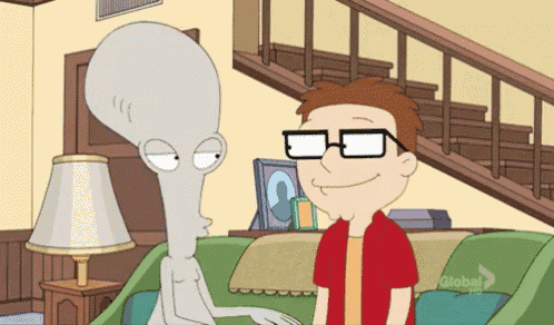 a cartoon of a man talking to an alien with the word global on the bottom right