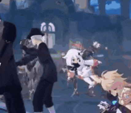 a group of people are dancing in a room with a sheep in the background .