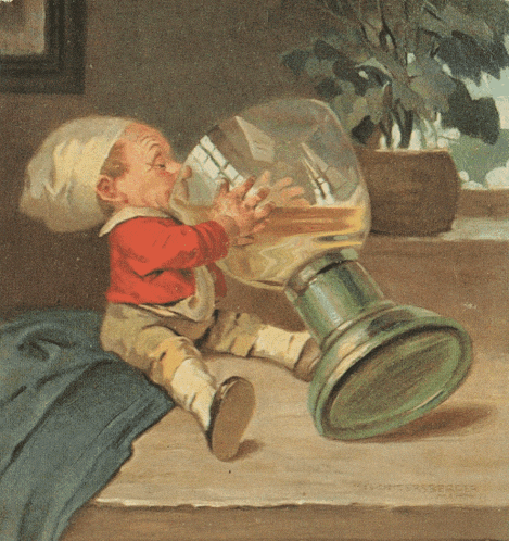 a painting of a little boy drinking from a large glass with the name otto on the bottom of it