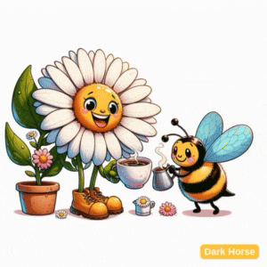 a cartoon drawing of a flower and a bee with the words dark horse on the bottom right
