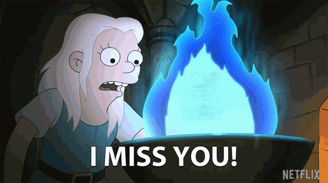a cartoon character says " i miss you " in front of a blue flame