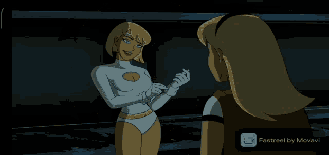 two female cartoon characters are standing next to each other with a fastreel by movavi watermark