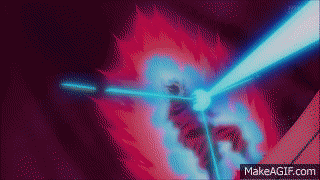 a pixel art of a person holding a blue light beam .
