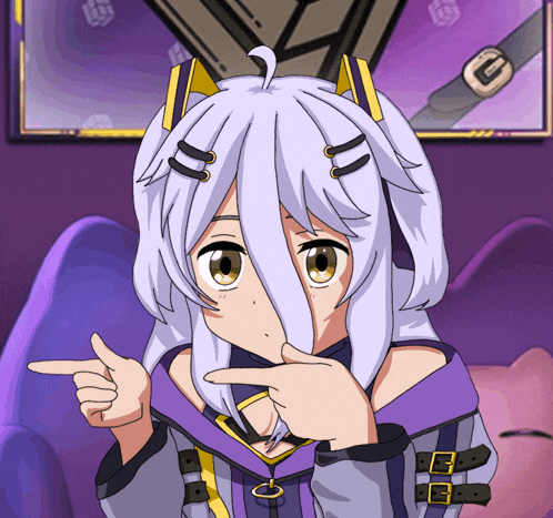 a drawing of a girl with white hair and yellow ears pointing at something