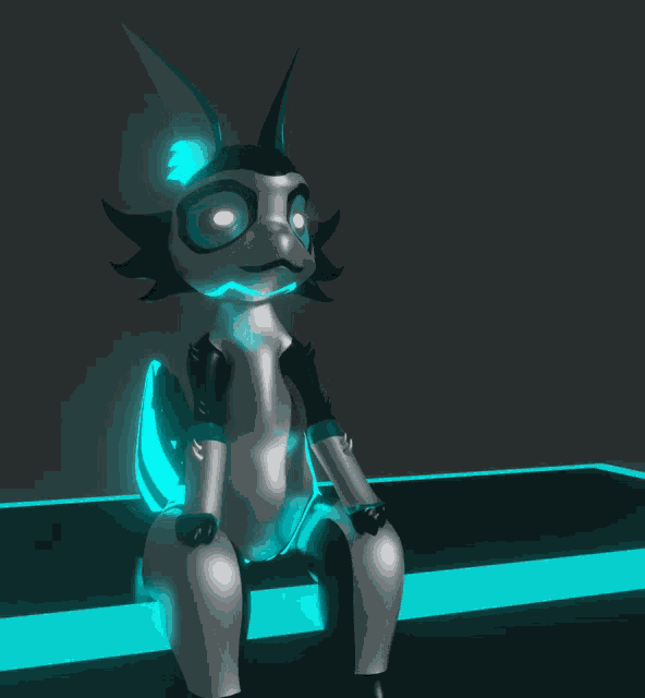 a cartoon character with glowing eyes is sitting on a table