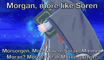 a cartoon of a person holding a book that says morgan more like soren