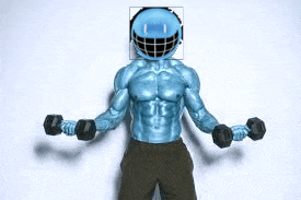 a blue man with a helmet on his head is holding dumbbells