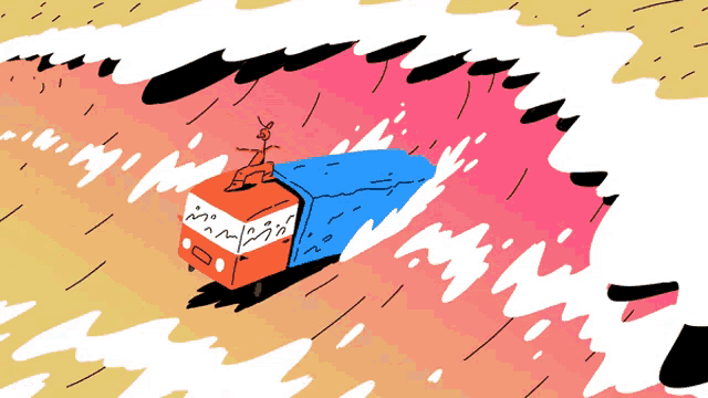 a cartoon drawing of a red and blue truck with a spider on top of it