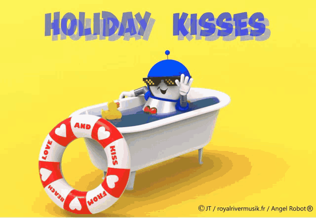 a cartoon character in a bathtub with the words holiday kisses on the bottom